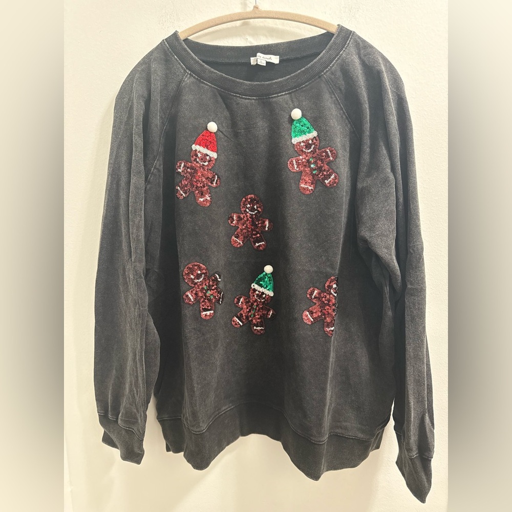 White Birch Black Sweatshirt with Festive Gingerbread Design